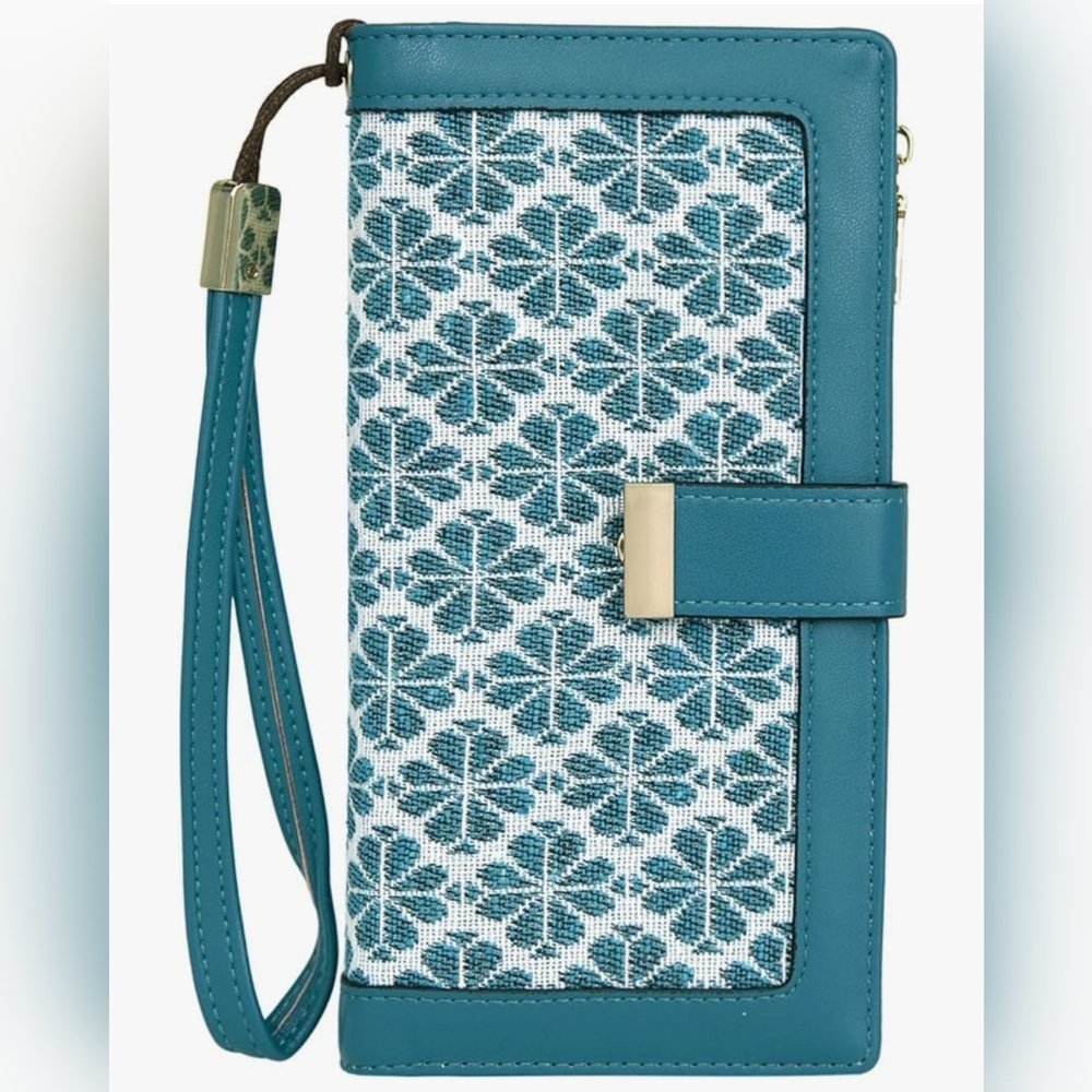 Wristlet Wallet - Teal White Floral - RFID Card Trifold Card Holder. NWT!
